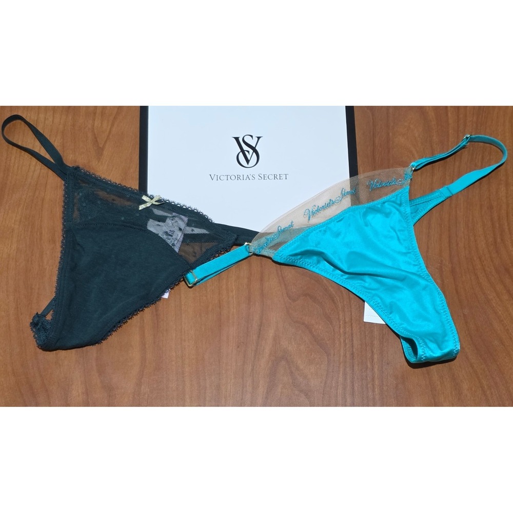 NWT 2‎ Victoria's Secret Thongs - Very Sexy Embroidered Mesh/Cotton V-String - S - Picture 1 of 6